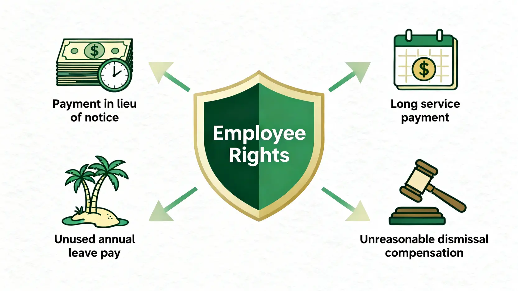 工傷勞資糾紛全攻略:公司唔報工傷後果?5步自保免被解僱 5 一張概念圖,展示工傷期間被不合理解僱的員工可追討的四項額外權益,包括代通知金、長期服務金、年假薪酬及不合理解僱補償。