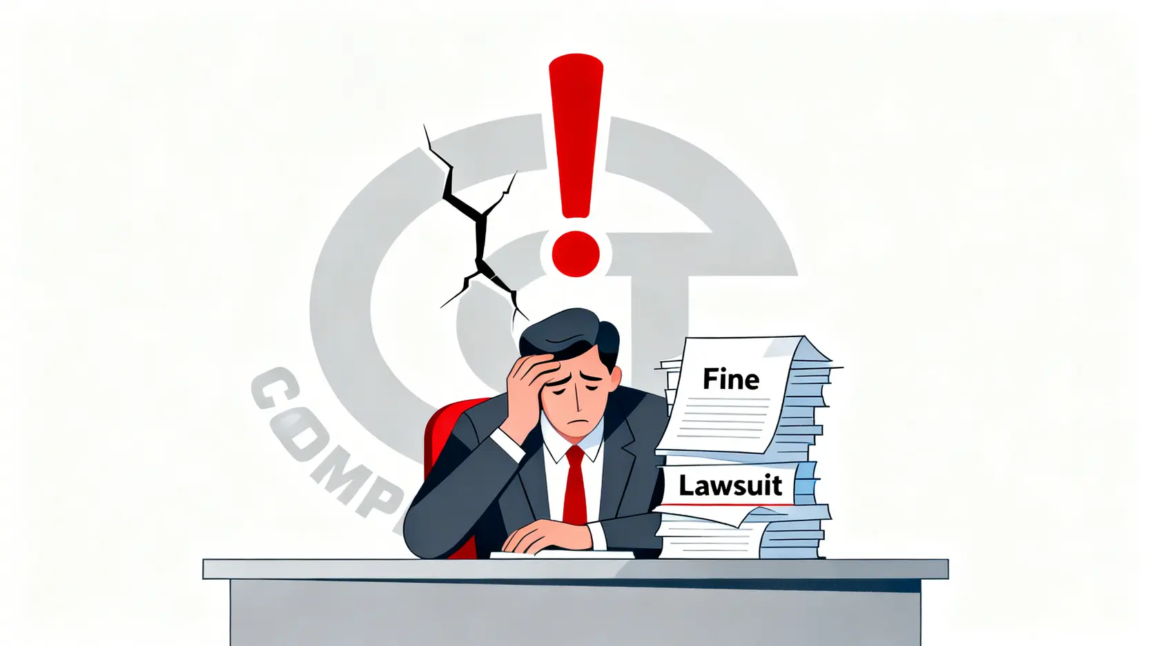 工傷勞資糾紛全攻略:公司唔報工傷後果?5步自保免被解僱 3 一位僱主因未呈報工傷而面臨法律文件、罰款及公司信譽受損等多重後果的示意圖。