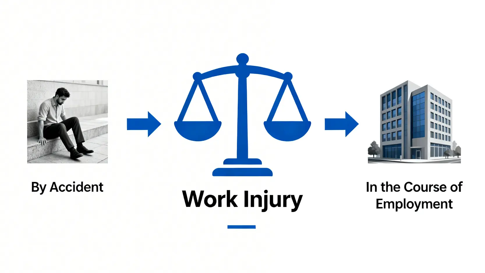 精神壓力工傷索償:抑鬱症、過勞肥屬工傷?香港僱員補償條例全解析 3 香港《僱員補償條例》中工傷定義的示意圖,顯示「遭遇意外」和「因工及在僱用期間」是構成工傷的兩大核心要素。