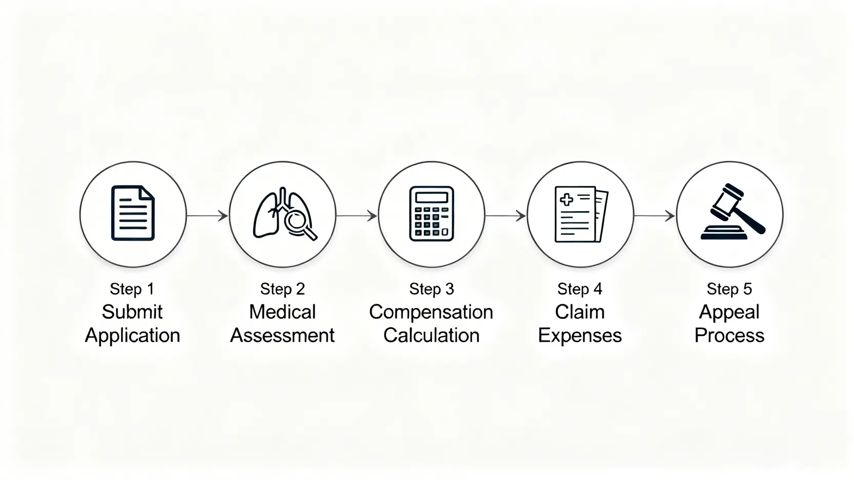 【肺塵病賠償全攻略】一文看清矽肺病、石棉沉着病申索資格、流程及金額 4 肺塵病賠償申索五步流程圖,包括提交申請、判傷評估、金額計算、申索開支及上訴機制。