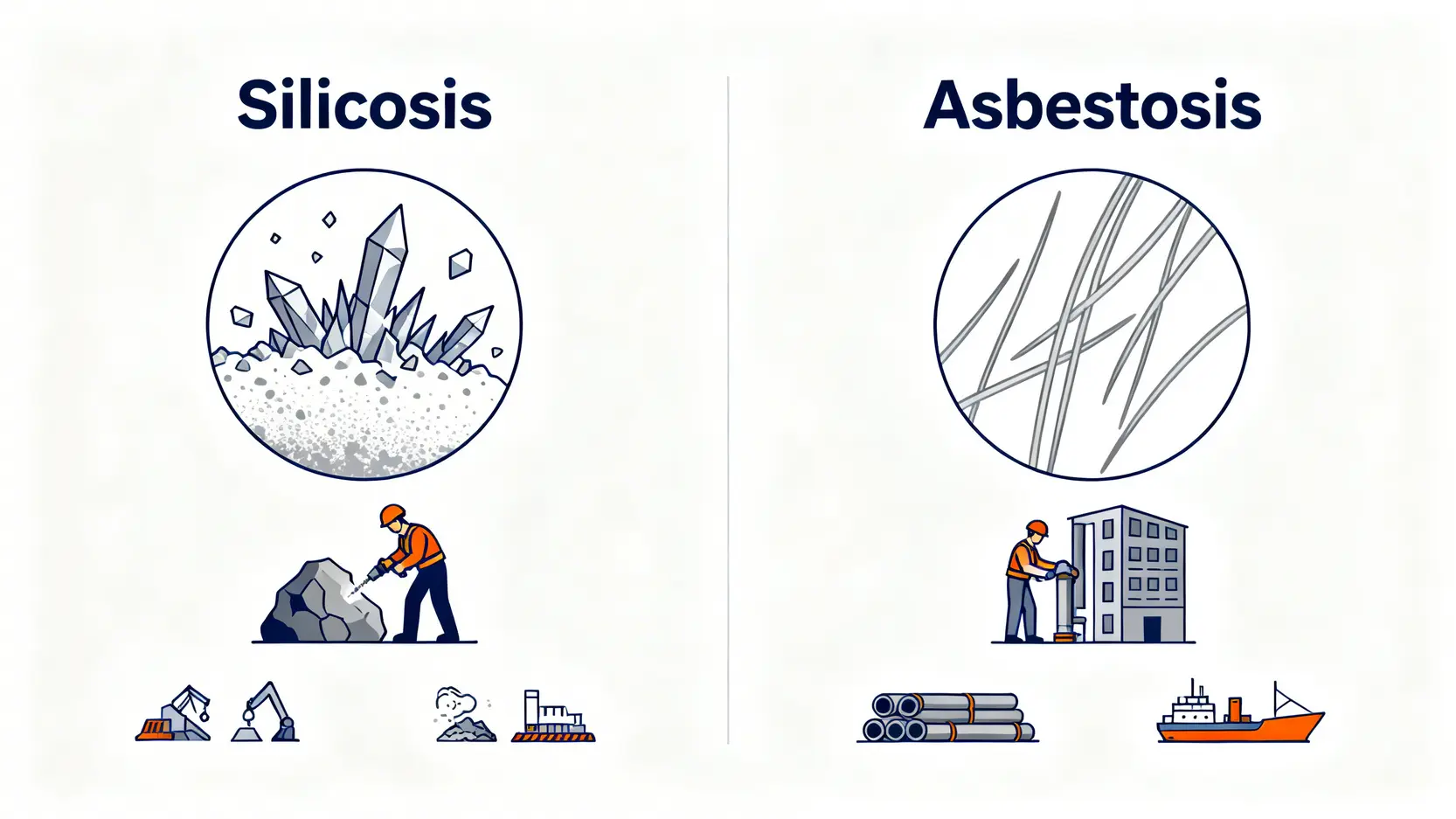 【肺塵病賠償全攻略】一文看清矽肺病、石棉沉着病申索資格、流程及金額 3 矽肺病與石棉沉着病對比圖,顯示各自的致病粉塵、來源及高風險行業。