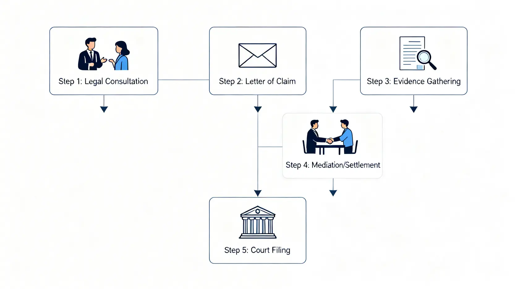 疏忽索償全攻略:香港律師詳解民事疏忽定義、舉證責任及索償程序 4 香港疏忽索償的五個步驟流程圖,從諮詢律師到正式入稟法院。