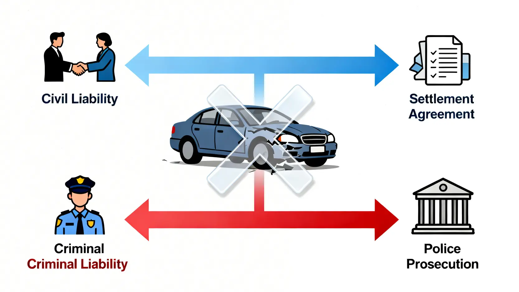 【和解協議書範本香港】律師教你5大私了法律效力與避坑重點(附Word/PDF下載) 5 圖解顯示和解協議只能處理民事責任(如賠償),但不能免除刑事責任(如不小心駕駛的檢控)。