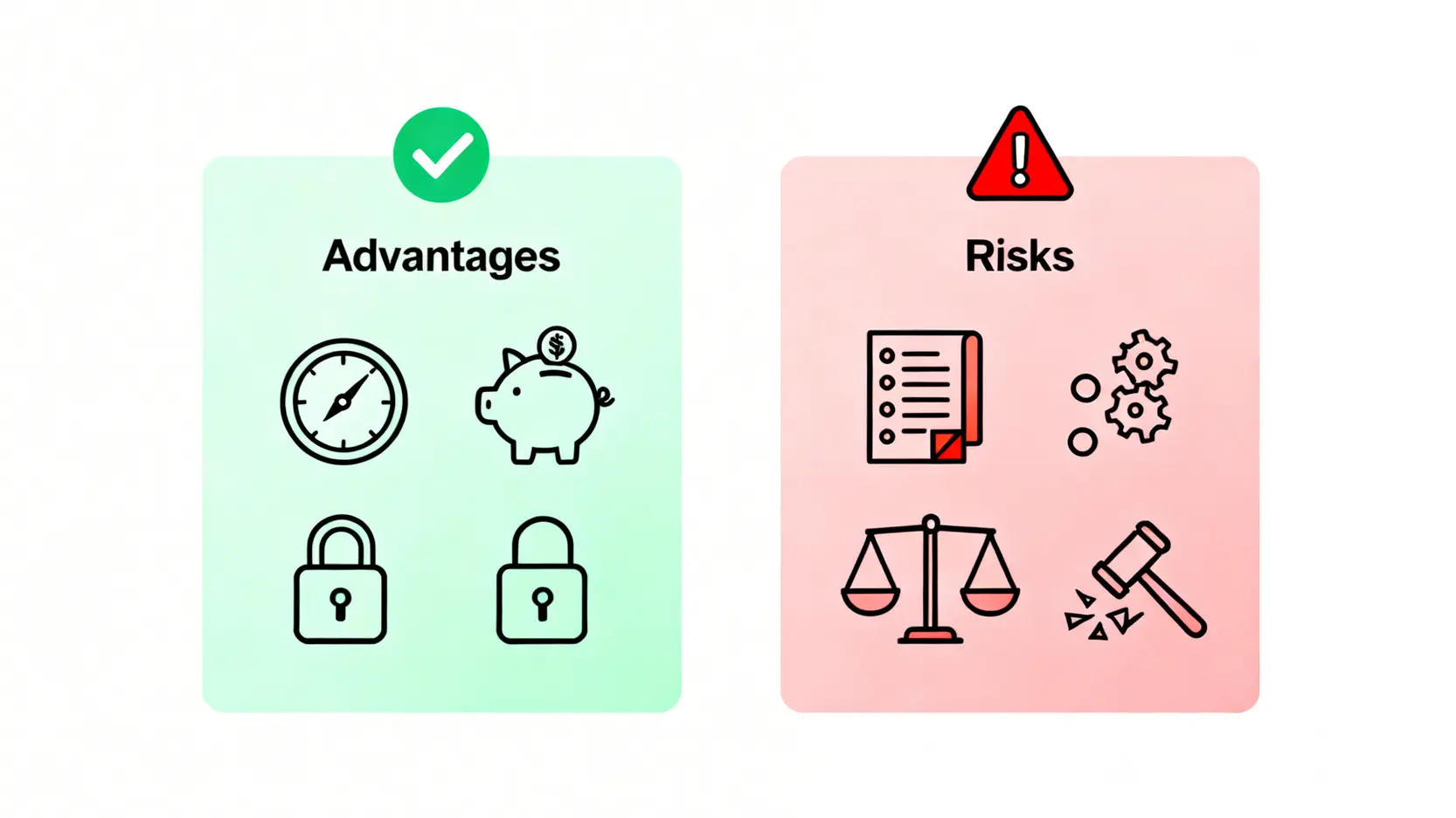 【和解協議書範本香港】律師教你5大私了法律效力與避坑重點(附Word/PDF下載) 3 「私了」的優點與風險對比圖,左邊是優點如省時省錢,右邊是風險如協議漏洞。