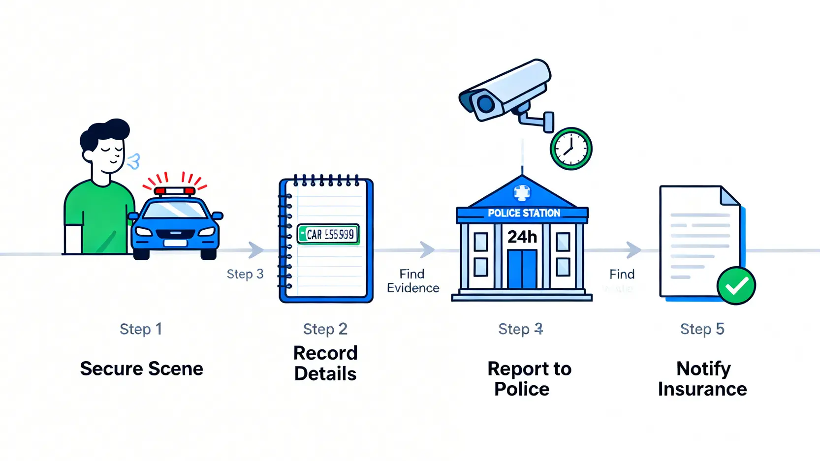 交通意外不顧而去:香港刑罰、報警教學及自保5步曲 4 一張流程圖,展示了交通意外不顧而去受害人的五個應對步驟,包括確保安全、記錄資料、尋找證據、報警和通知保險。