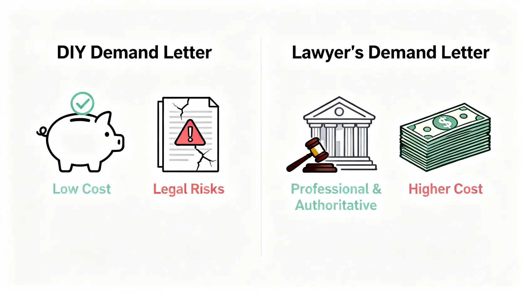 【追討賠償信2026】索償信範本香港懶人包:格式、寫法、律師信費用全攻略 4 一張對比圖,比較自己寫索償信與聘請律師的優點和缺點。