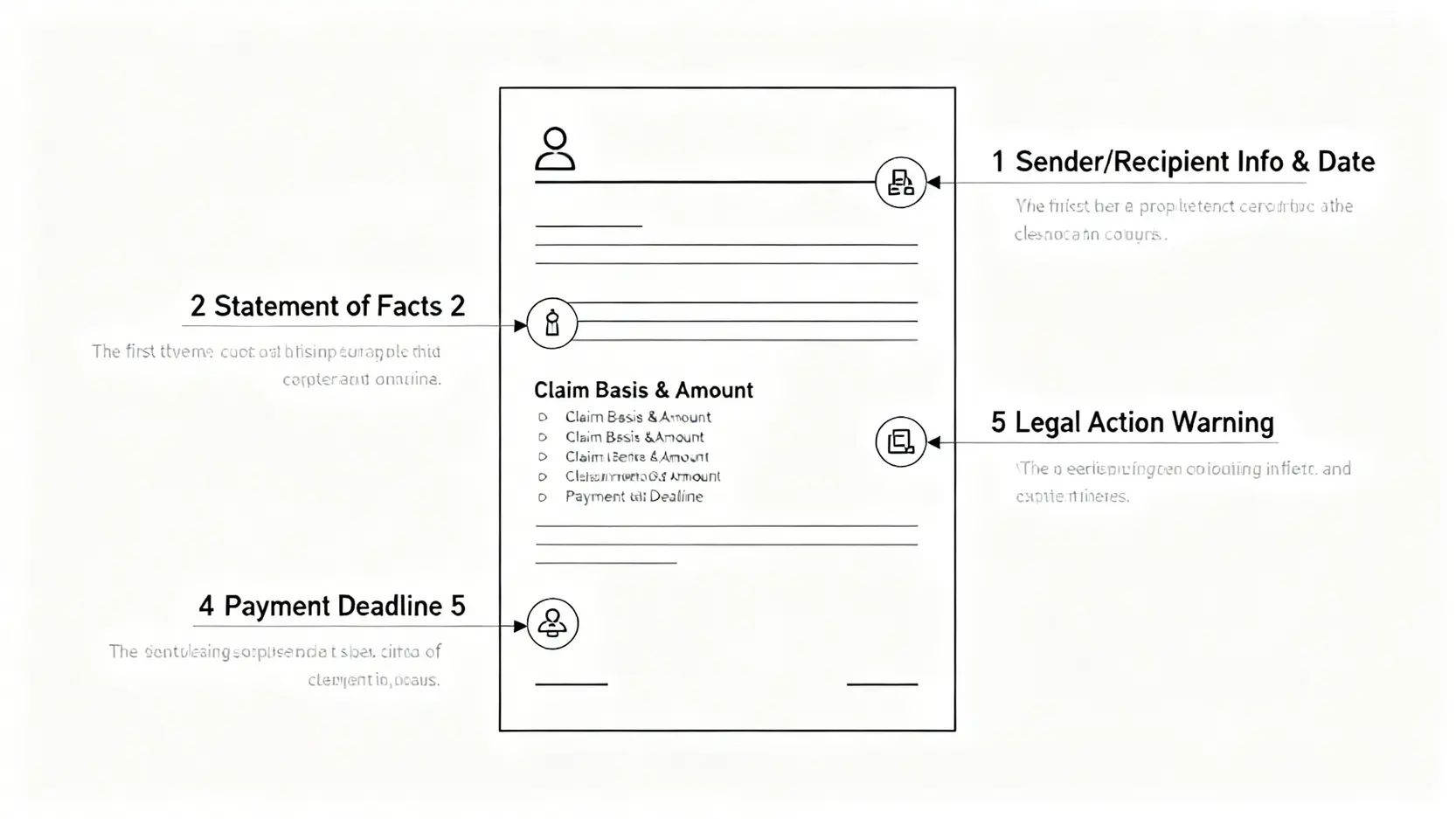 【追討賠償信2026】索償信範本香港懶人包:格式、寫法、律師信費用全攻略 5 一張資訊圖,展示專業追討賠償信必須包含的五大關鍵結構元素。