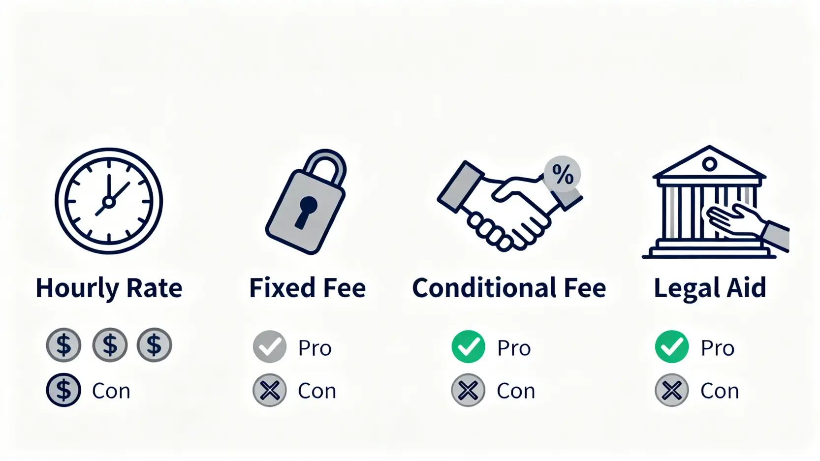 交通意外律師收費全攻略:香港索償律師推薦及「不成功不收費」迷思解析 3 香港交通意外律師四種主要收費模式對比圖,包括按時收費、固定收費、條件式收費及法律援助。