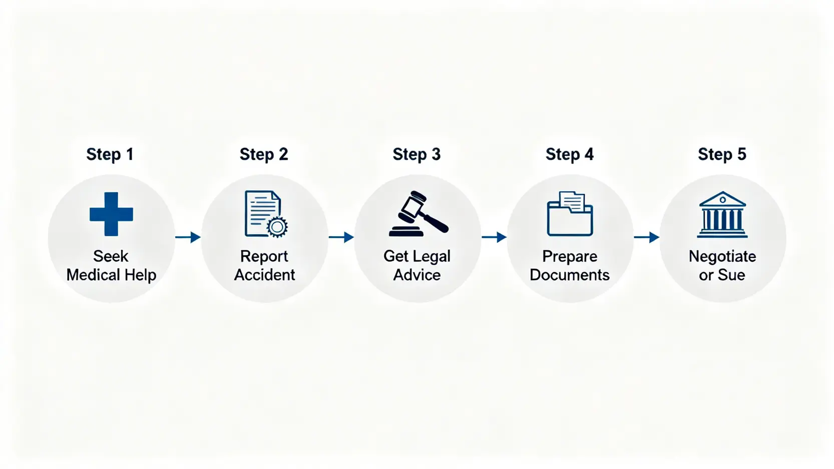 精神創傷賠償香港全攻略:律師詳解精神損失費計算方法、索償程序及案例 4 香港意外心理創傷索償的五個步驟流程圖,包括尋求醫療協助、報告事故、尋求法律意見、準備文件及進行談判或訴訟。