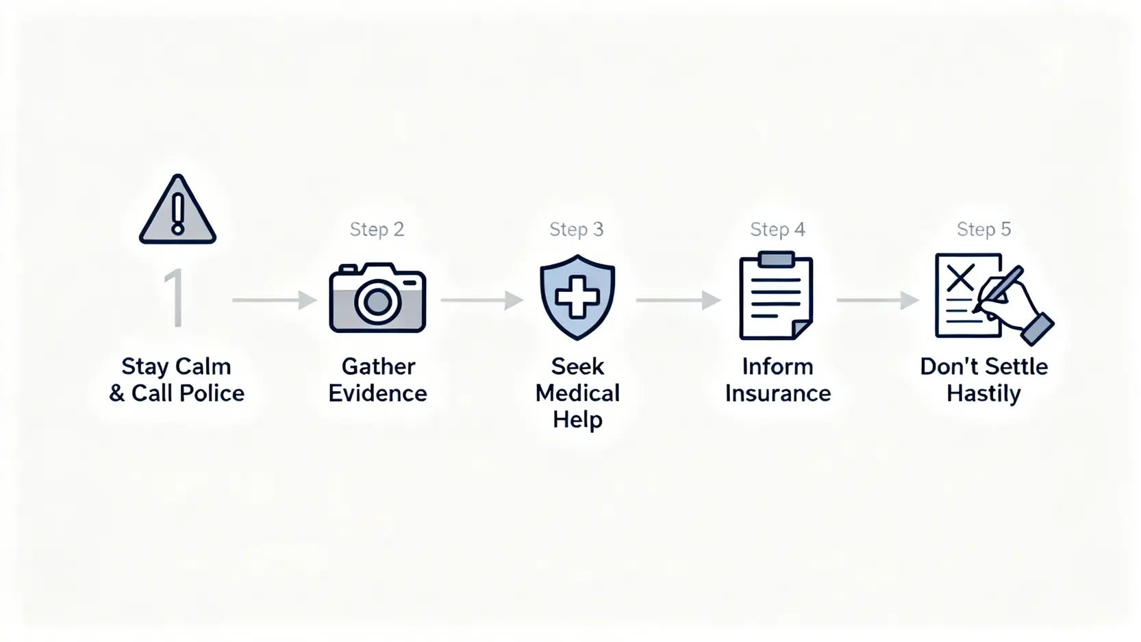 交通意外賠償案例全攻略:律師詳解和解金額、索償程序及5大步驟 3 交通意外後處理流程圖,包含確保安全、搜集證據、求醫、通知保險和切勿輕率和解五個步驟。