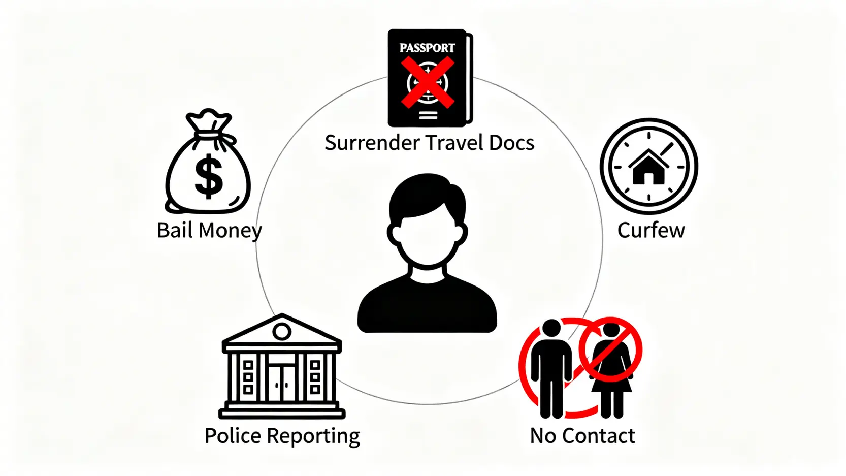 香港保釋全攻略:保釋意思、條件及制度詳解(附申請流程) 4 五大常見保釋條件示意圖,包括繳交保釋金、交出旅遊證件、遵守宵禁令、定時報到和不得接觸證人。