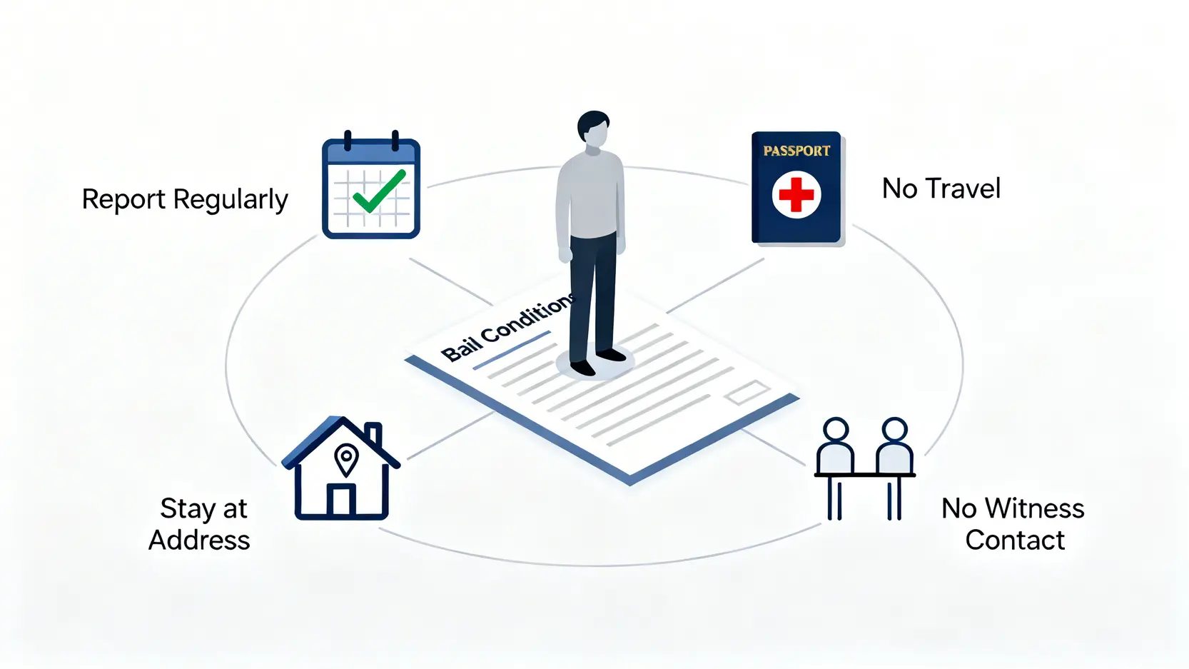 保釋期間可以出境嗎?一文看懂香港保釋限制、續保手續與違反後果 3 一張示意圖,總結了常見的保釋條件,包括定時報到、禁止離港、居住在報稱地址及不得接觸證人。