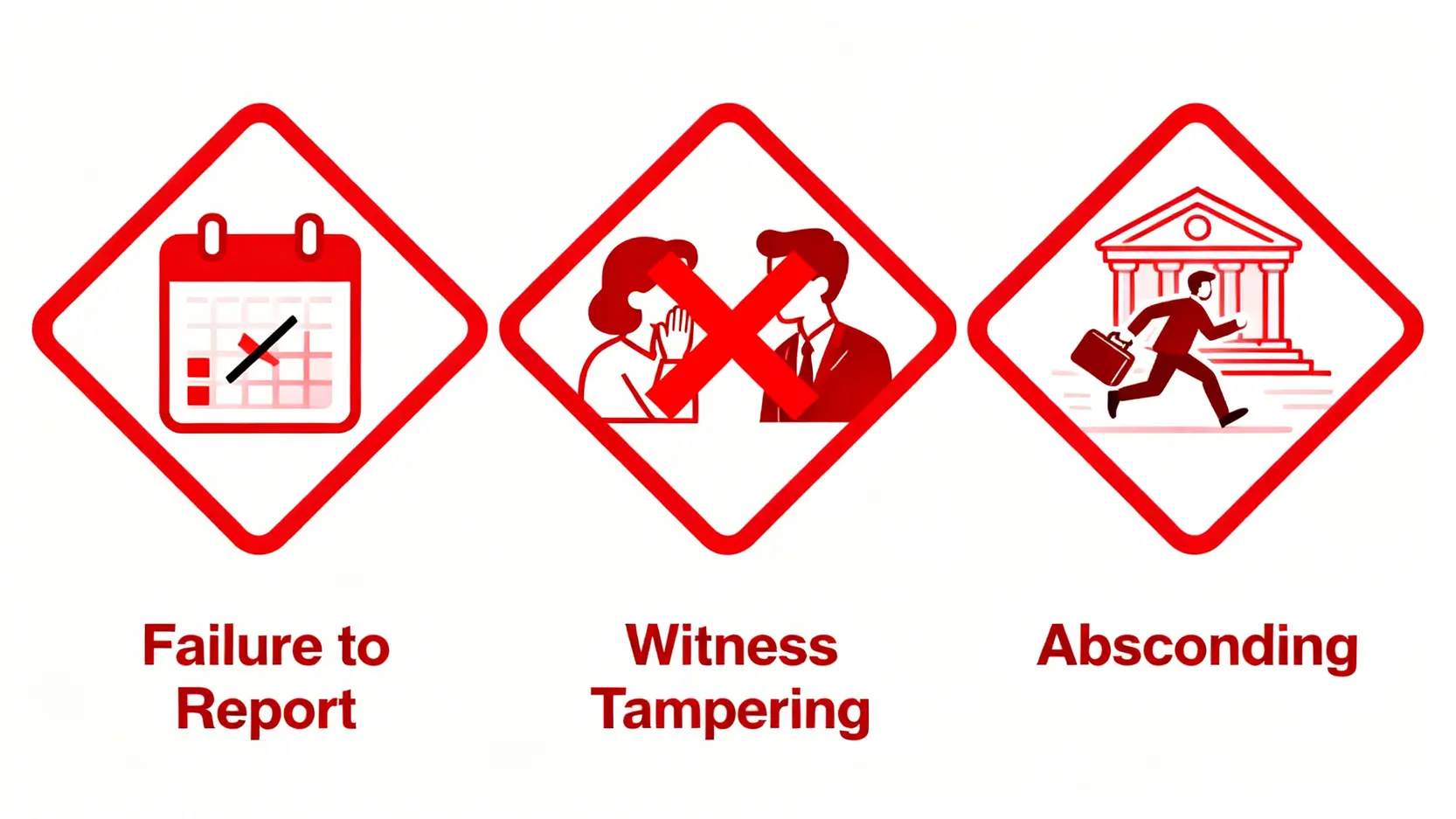 保釋金全攻略:警署保釋金幾多錢?一文看懂退還程序及沒收風險 5 三個紅色警告圖標,分別代表沒有準時報到、騷擾證人及棄保潛逃,這些是導致沒收保釋金的常見行為。