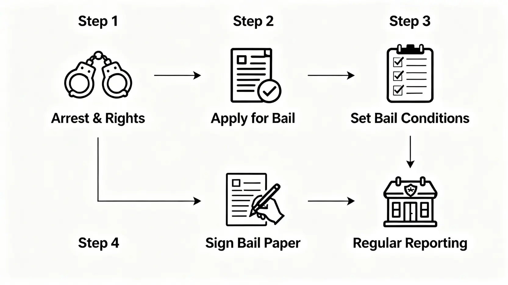 警署保釋程序全攻略:5步完成擔保手續、保釋紙內容及條件懶人包 4 警署擔保的五大步驟流程圖,從被捕後的權利到定期報到。
