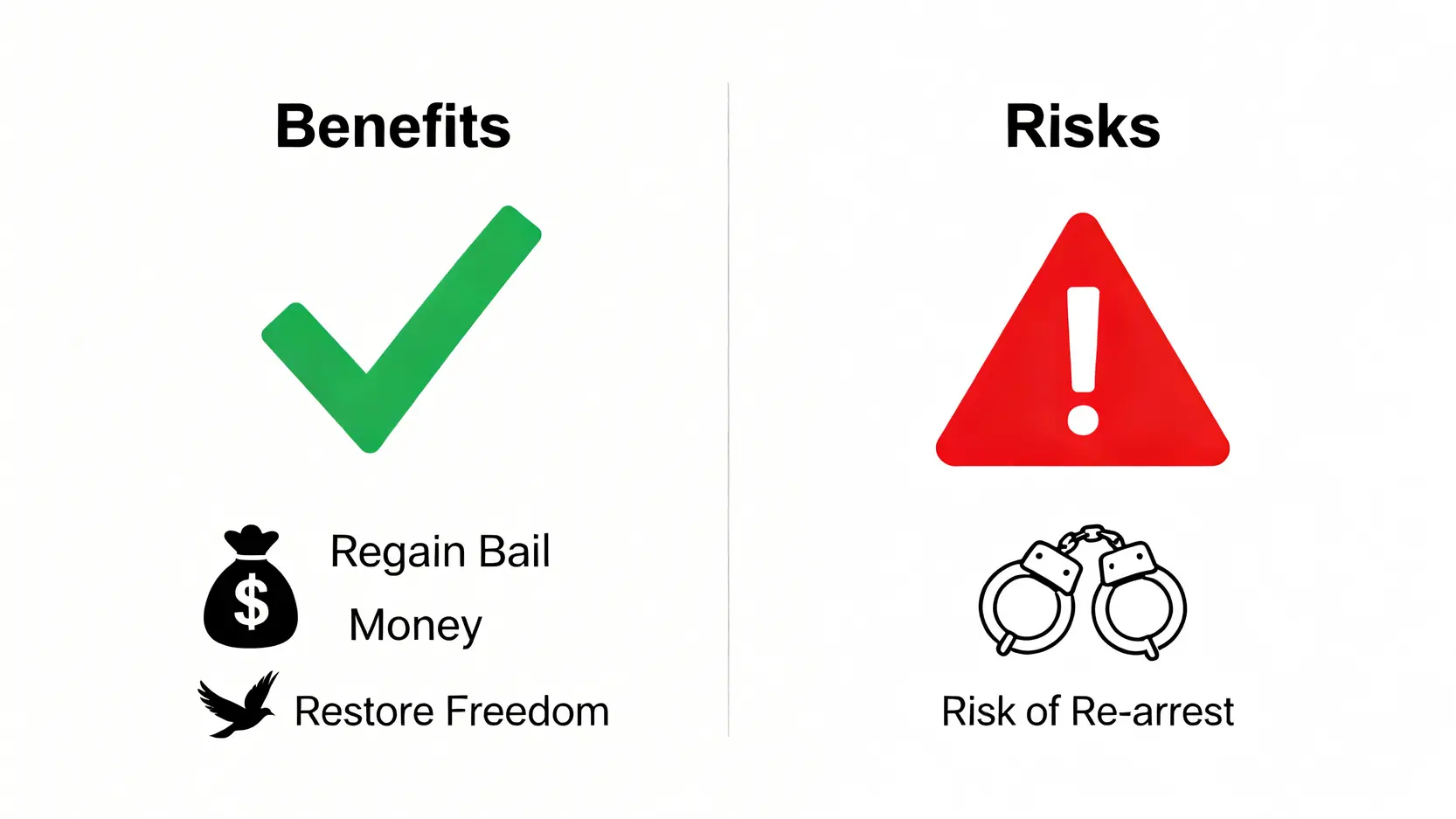 【踢保懶人包】一文睇清踢保意思、程序、拒絕擔保後果及後續發展 4 一張對比圖,比較踢保的好處與壞處。好處包括取回保釋金和重獲自由;壞處則是存在隨時被再次拘捕的風險。