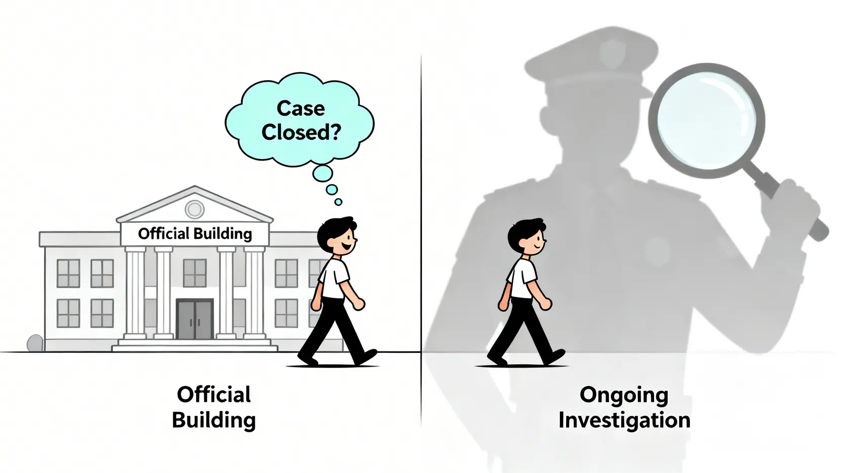 【踢保懶人包】一文睇清踢保意思、程序、拒絕擔保後果及後續發展 5 一張概念示意圖,解釋踢保不等於案件結束。左邊是一個被釋放的人以為案件結束,右邊是官方仍在暗中繼續調查的示意圖。