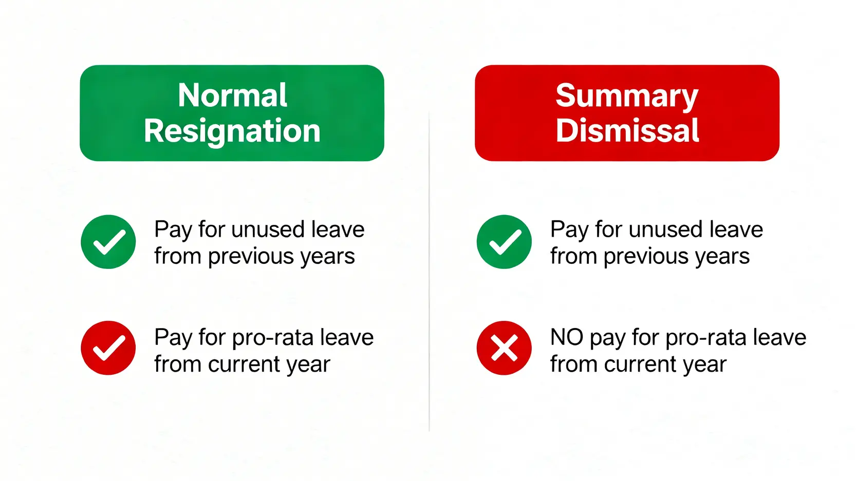 【年假計算懶人包】勞工法例年假、按比例年假、辭職薪酬計算方法 5 一張對比圖,比較正常辭職與因嚴重過失被即時解僱時,未放年假的薪酬處理方式差異。
