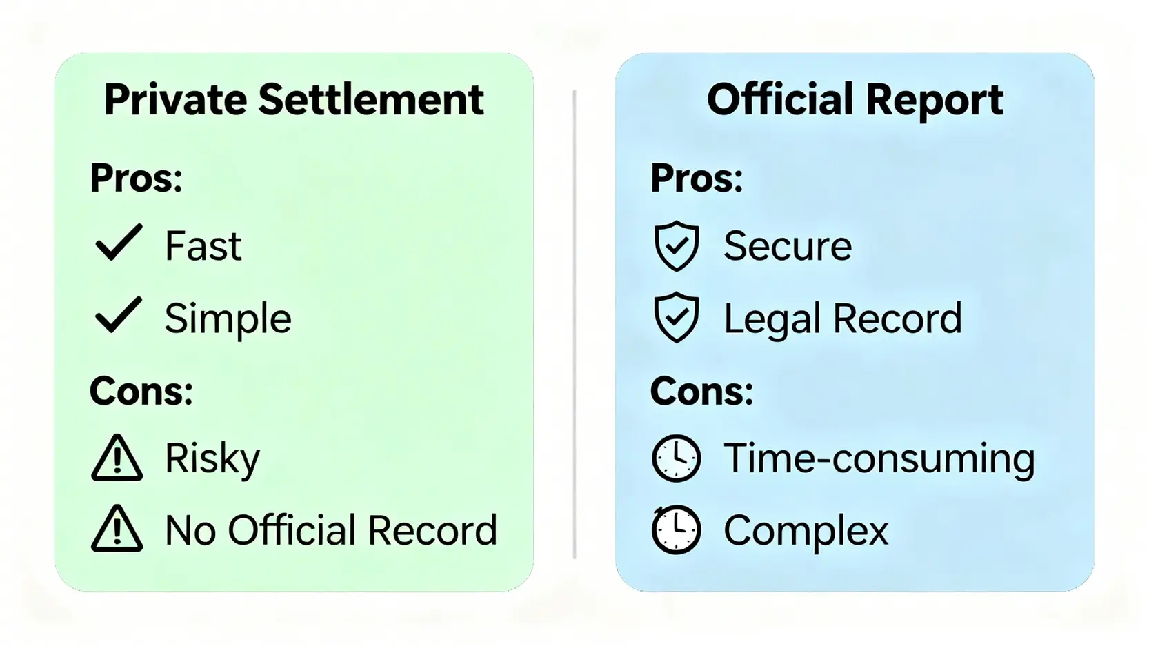 交通意外賠償全攻略:香港律師教你處理、和解及索償程序 4 一張對比圖,比較交通意外後選擇私下和解(私了)與報警處理的優點和缺點。