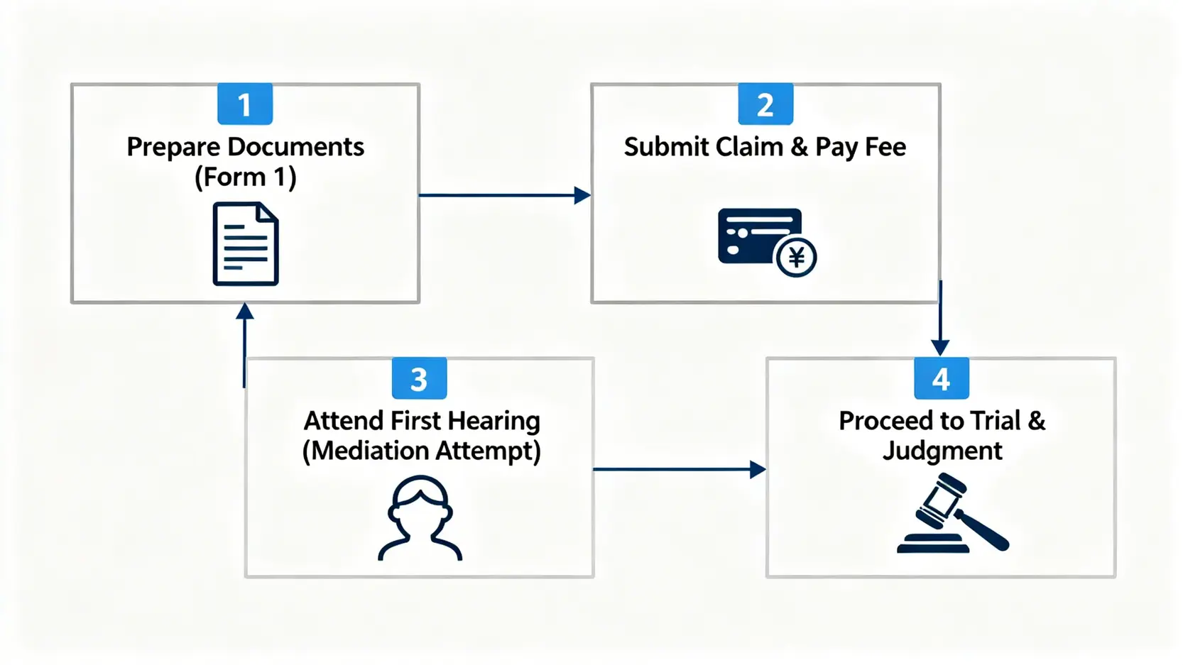 【勞資糾紛處理】冇簽勞工合約點追討?口頭合約效力及勞資審裁處申索指南 4 一張流程圖,清晰展示入稟勞資審裁處的四個主要步驟:準備文件、遞交申索、提訊日和上庭審訊。