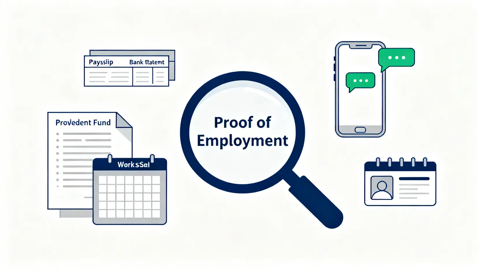 【勞資糾紛處理】冇簽勞工合約點追討?口頭合約效力及勞資審裁處申索指南 3 一張展示如何證明口頭僱傭合約存在的證據示意圖,包含糧單、銀行月結單、強積金紀錄和通訊紀錄等圖標。