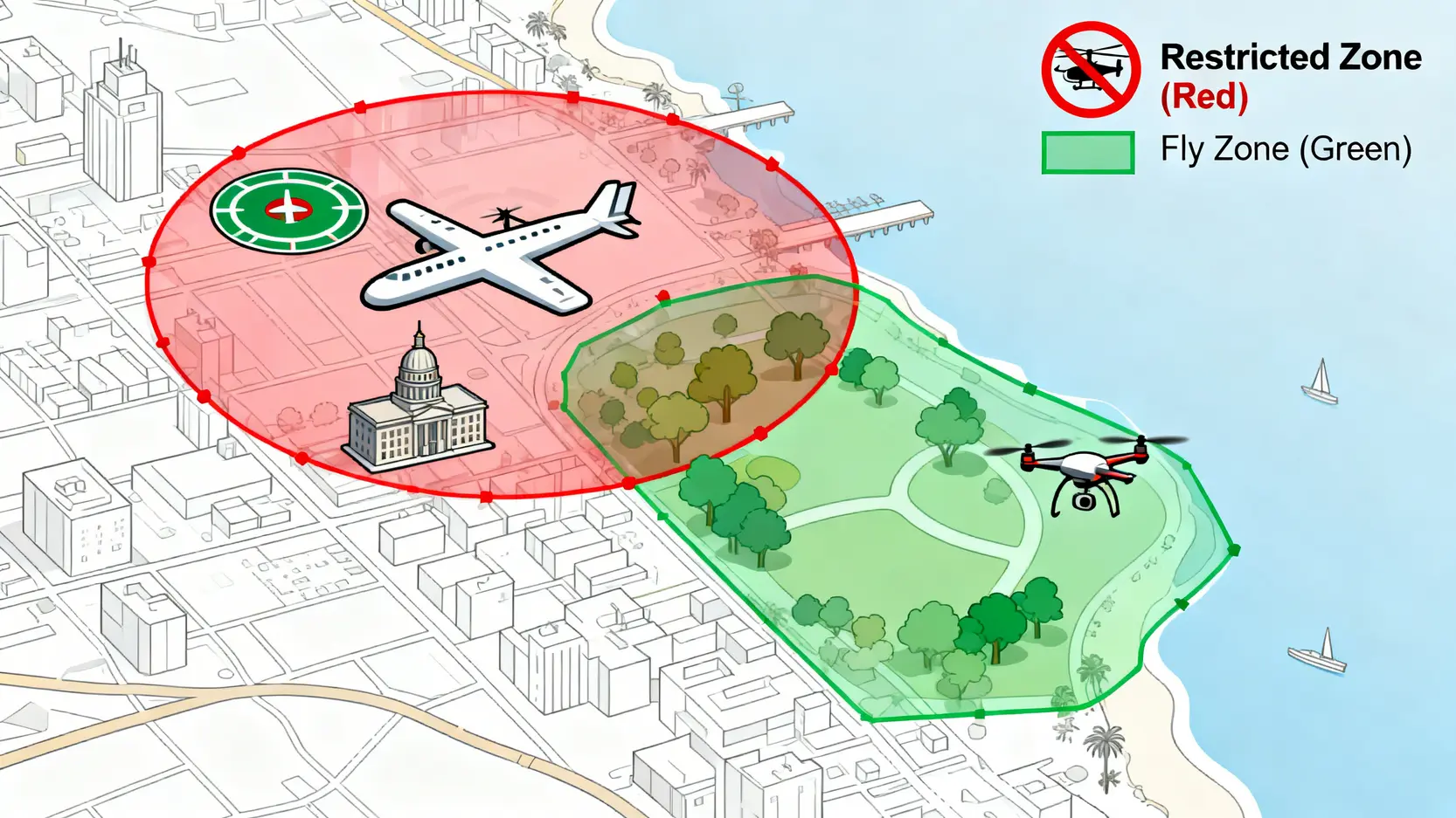 香港無人機法例2026終極懶人包:註冊、禁飛區、保險要求一篇搞定 5 香港無人機禁飛區示意圖,標示出紅色限制飛行區和綠色可飛行區域。