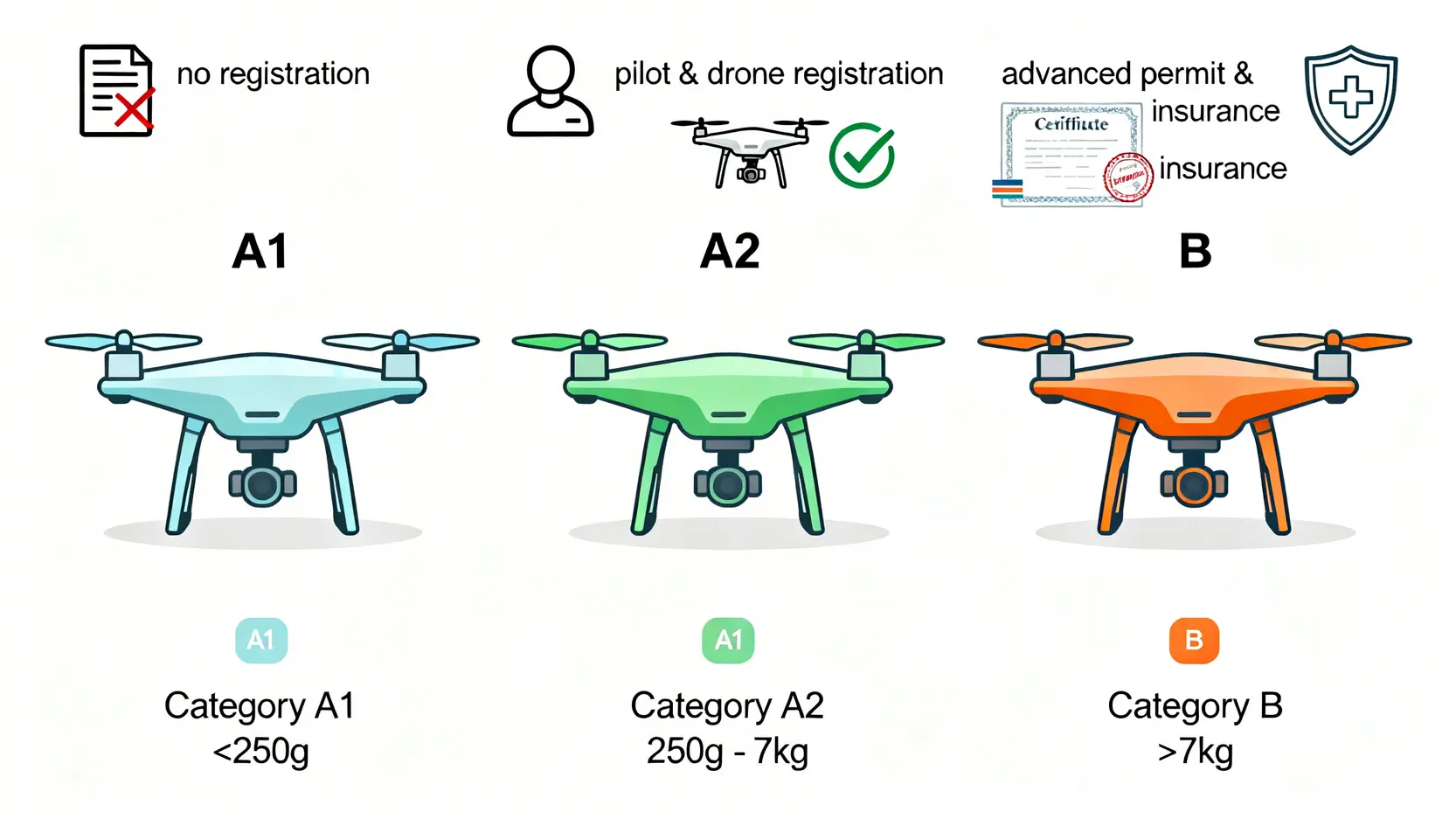 香港無人機法例2026終極懶人包:註冊、禁飛區、保險要求一篇搞定 3 香港無人機甲1、甲2、乙類分類對比圖,顯示各類別的重量限制及註冊要求。