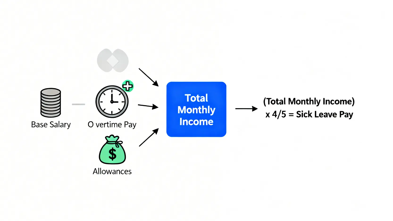 【工傷賠償懶人包】4/5糧點計?一文睇清《僱員補償條例》賠償全攻略 3 工傷病假錢(4/5糧)計算方法示意圖,展示月薪如何由底薪、加班費和津貼構成。