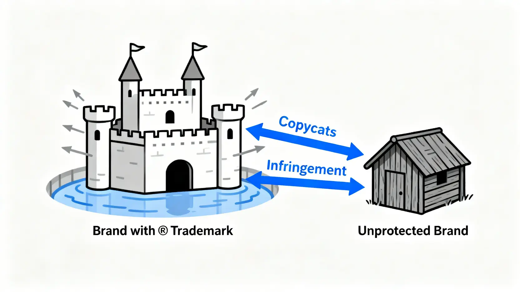 香港商標註冊終極指南:5步申請流程、費用及3大好處全解析 3 一張對比圖,展示了擁有註冊商標保護的品牌如同堅固城堡,而未註冊的品牌則像脆弱小屋,輕易受到侵權威脅。