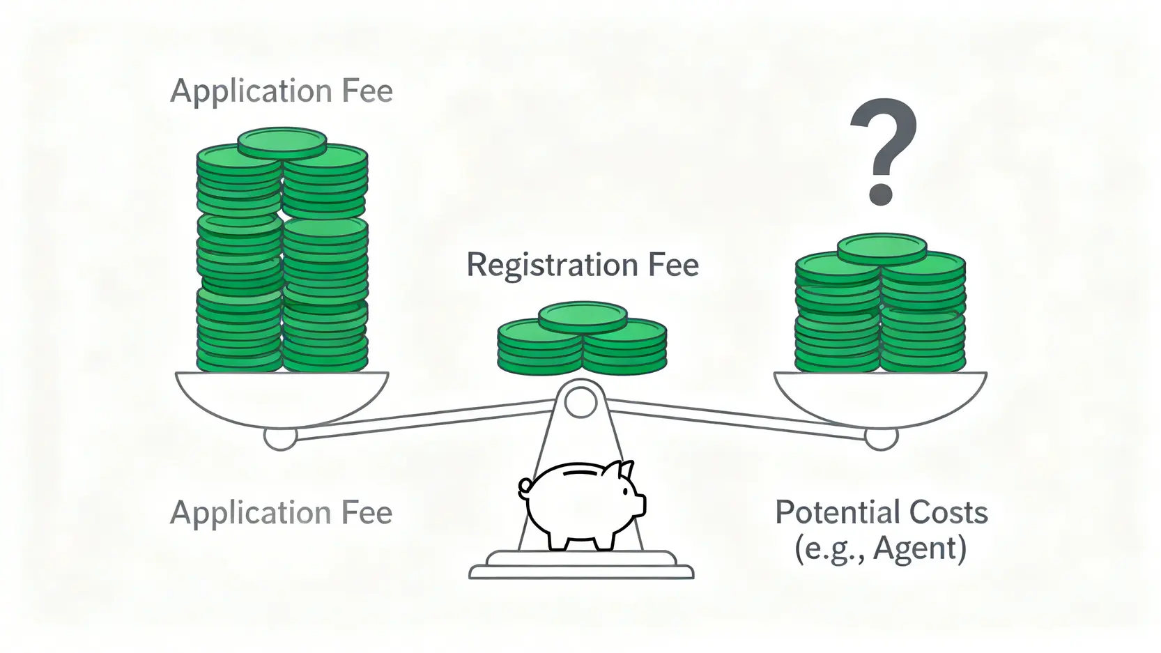 【香港商標註冊懶人包】5步完成申請!流程、費用、所需文件全攻略 5 一張分解香港商標註冊費用的示意圖,顯示了政府申請費、註冊費以及潛在的專業代理費等成本構成。