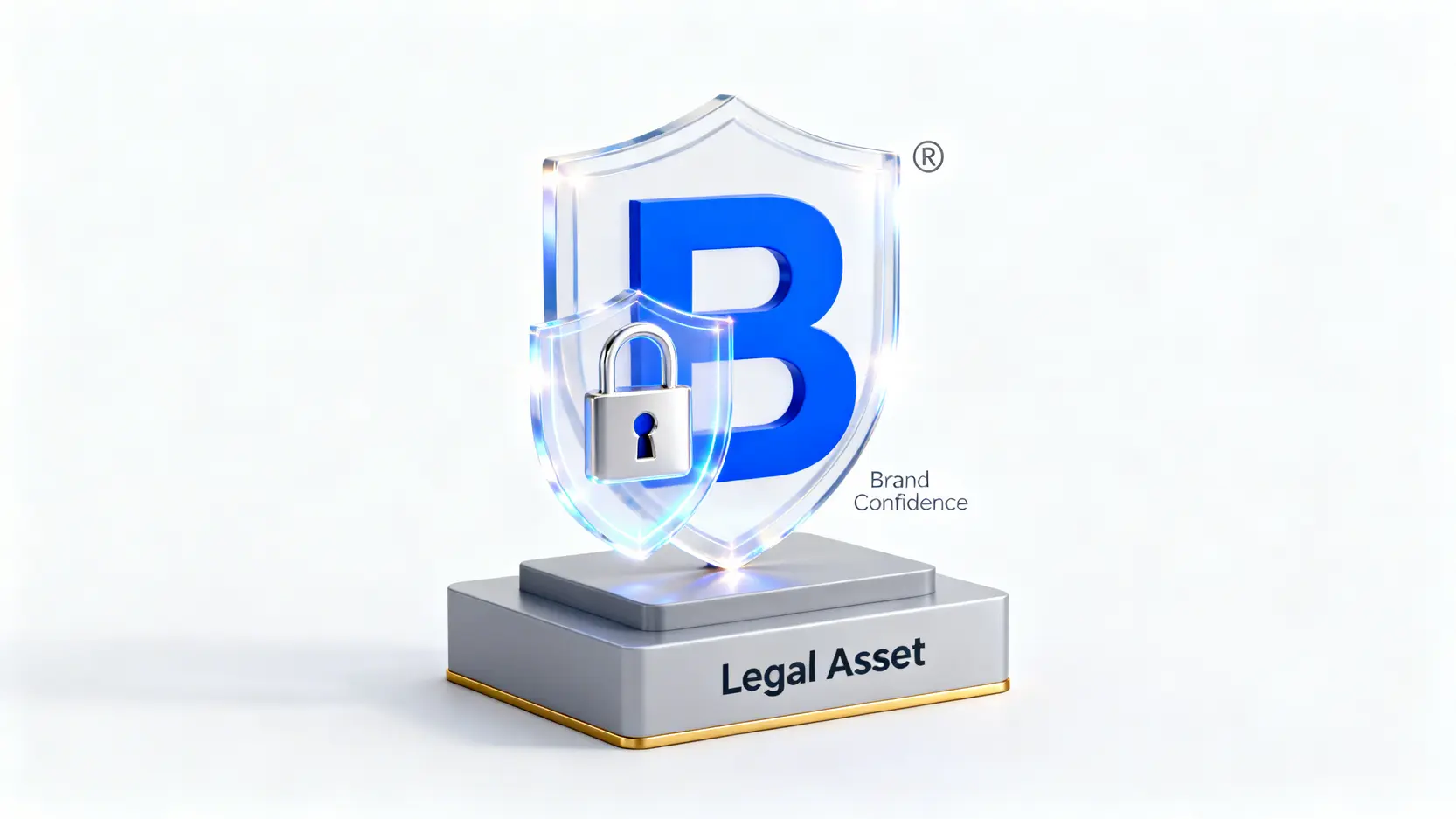 【香港商標註冊懶人包】5步完成申請!流程、費用、所需文件全攻略 3 一張展示商標註冊三大核心價值的示意圖,包含代表獨家使用權的盾牌、代表法律基礎的基石和代表品牌信心的®符號。