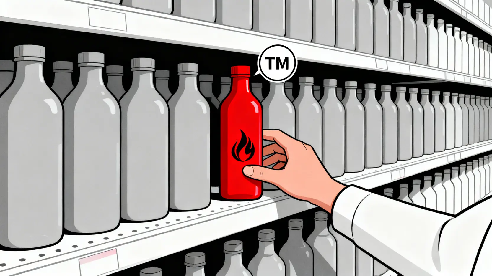 版權vs商標,別再搞混了!專家分析《香港版權條例》下的7大核心分別 2 商標功能示意圖,描繪了在眾多相似商品中,一個帶有獨特商標的產品如何脫穎而出,被消費者輕易識別和選擇。