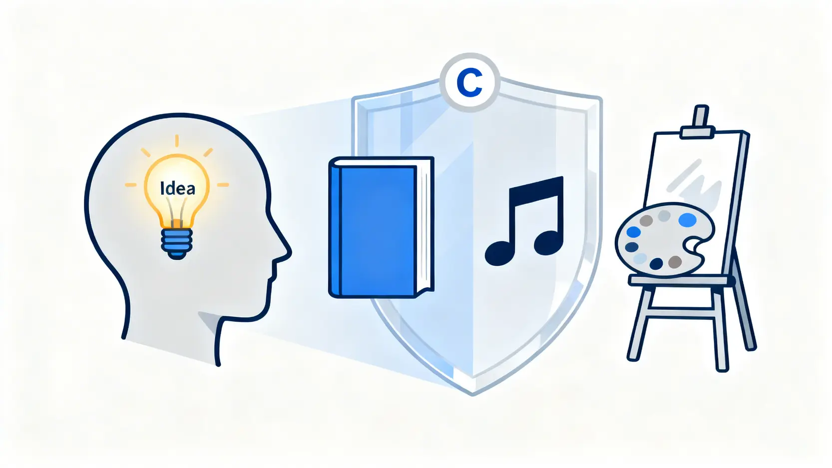 版權vs商標,別再搞混了!專家分析《香港版權條例》下的7大核心分別 1 版權保護概念圖,展示了一個想法(燈泡)本身不受保護,而其具體表達形式(書本、音樂、畫作)則受到版權盾牌的保護。