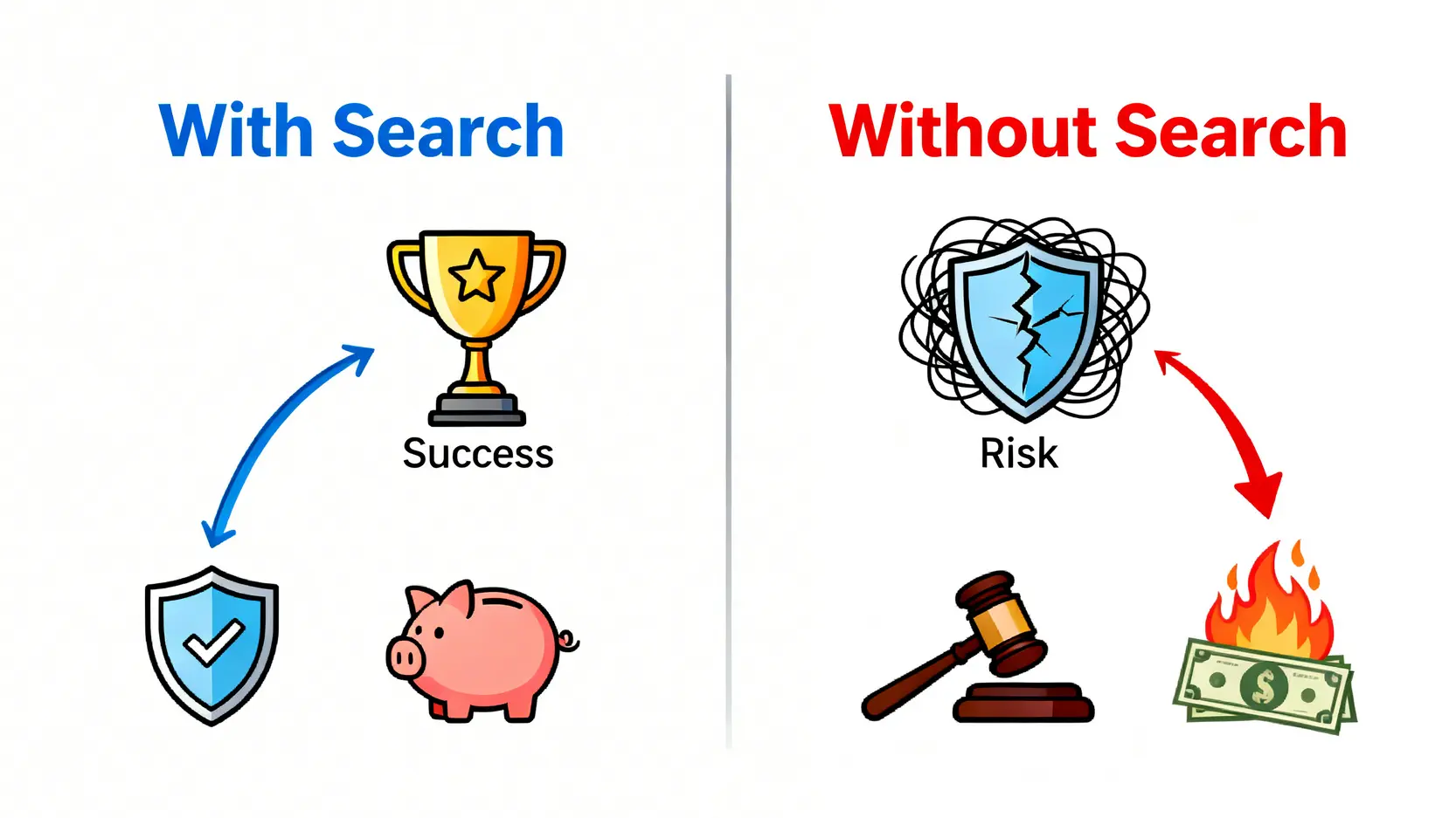 【香港商標註冊查詢】3步完成知識產權署商標網上檢索(2026最新教學) 3 進行商標註冊查詢與否的後果對比圖,左側是成功與保護,右側是風險與損失。