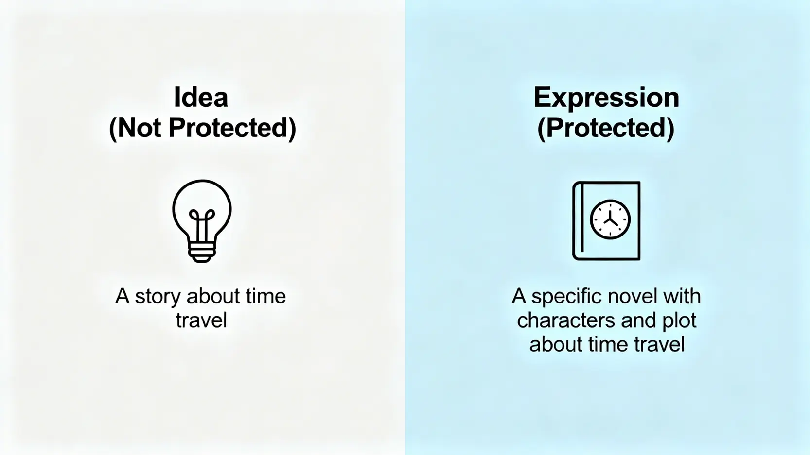 香港版權條例全解析:由定義、保護期限到合理使用一次搞懂 4 一張對比圖,解釋版權保護的是意念的表達形式而非意念本身。左邊是未受保護的意念(一個故事構思),右邊是受保護的表達形式(一本具體的小說)。