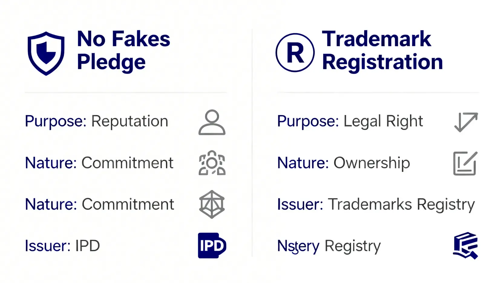 【正貨商標懶人包】2026最新申請流程、費用及5大好處全攻略 5 「正版正貨承諾」與「商標註冊」的比較圖,解釋兩者在目的、性質和發行機構上的區別。