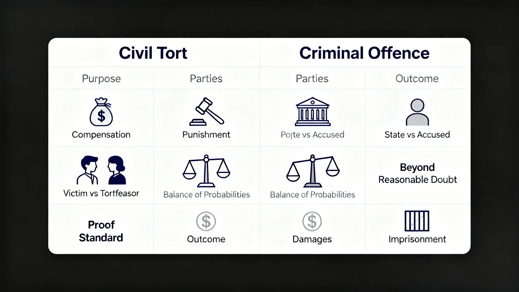 【香港侵權法懶人包】一文看懂民事侵權行為、法例及責任 3 民事侵權與刑事罪行在目的、訴訟方、舉證標準及後果上的關鍵區別對比圖。
