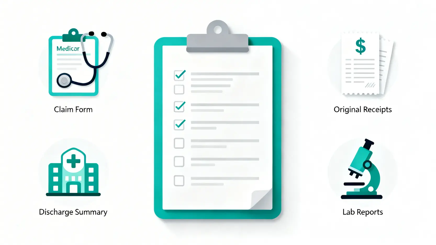 醫療保險索償流程:不想Claim保險被拒?一文看清時限、文件及成功貼士 4 一張圖看懂住院索償所需的核心文件,包括醫生報告、收據正本、出院紙及化驗報告。