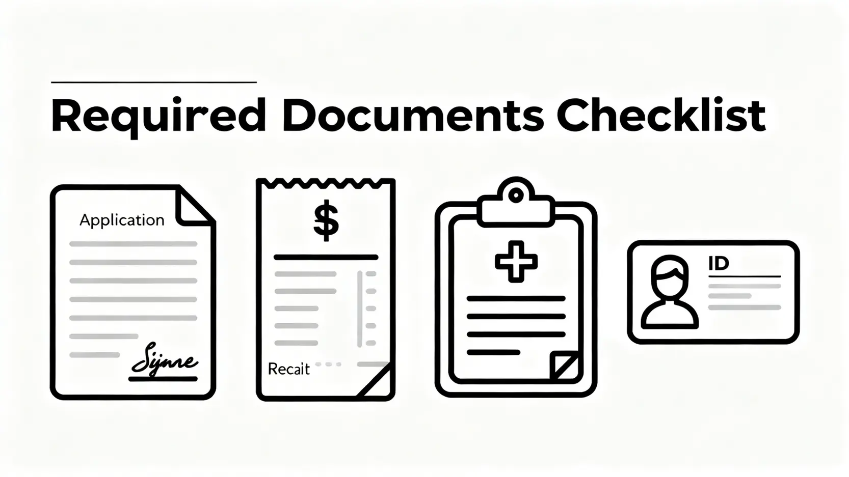 AIA醫療索償教學2026|四步完成友邦住院Claim Form(申請流程+填寫指南) 5 AIA醫療索償所需的核心文件圖示,包括申請表、醫療收據、醫療報告和身份證。