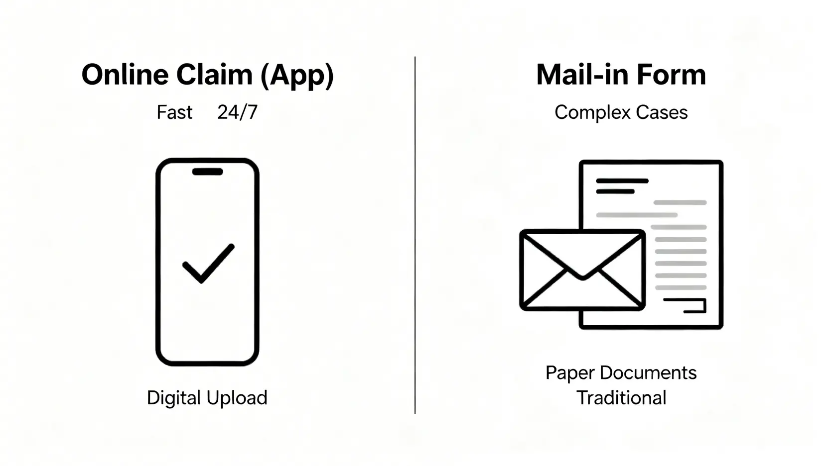 AIA醫療索償教學2026|四步完成友邦住院Claim Form(申請流程+填寫指南) 3 兩種AIA醫療索償方式的對比圖,左邊是代表網上索償的手機,右邊是代表郵寄表格的信封。