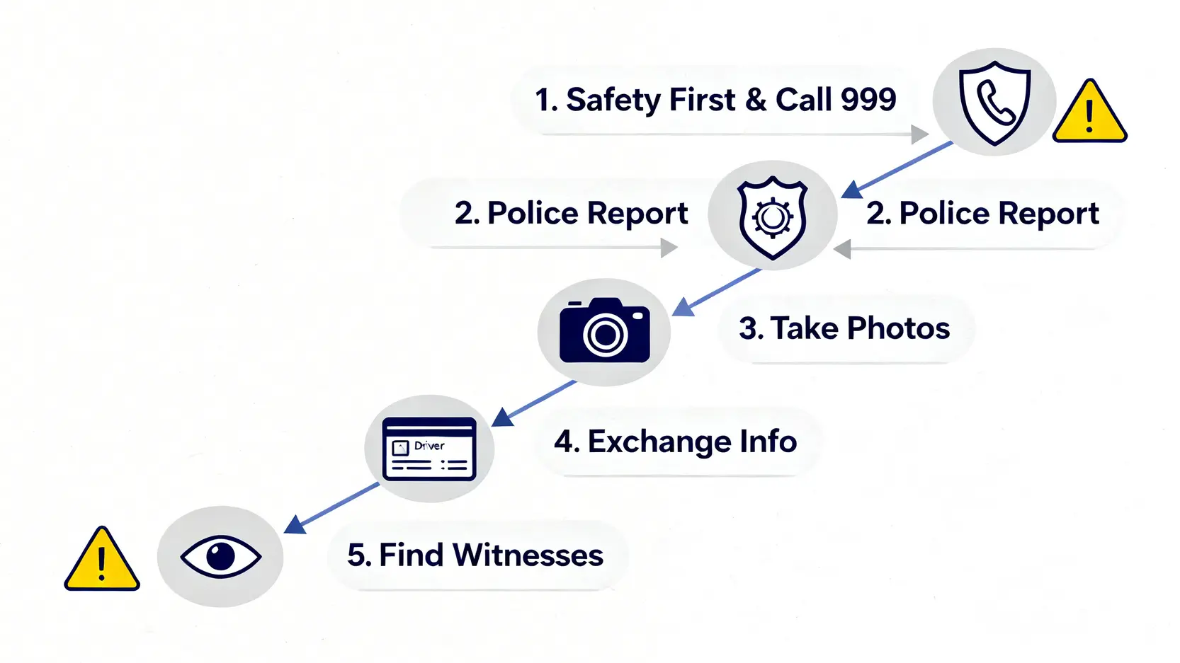 的士意外乘客索償全攻略:律師教你計賠償、談和解、保障權益 3 的士意外現場處理五大關鍵步驟流程圖,包括確保安全、報警、拍照、交換資料及尋找證人。