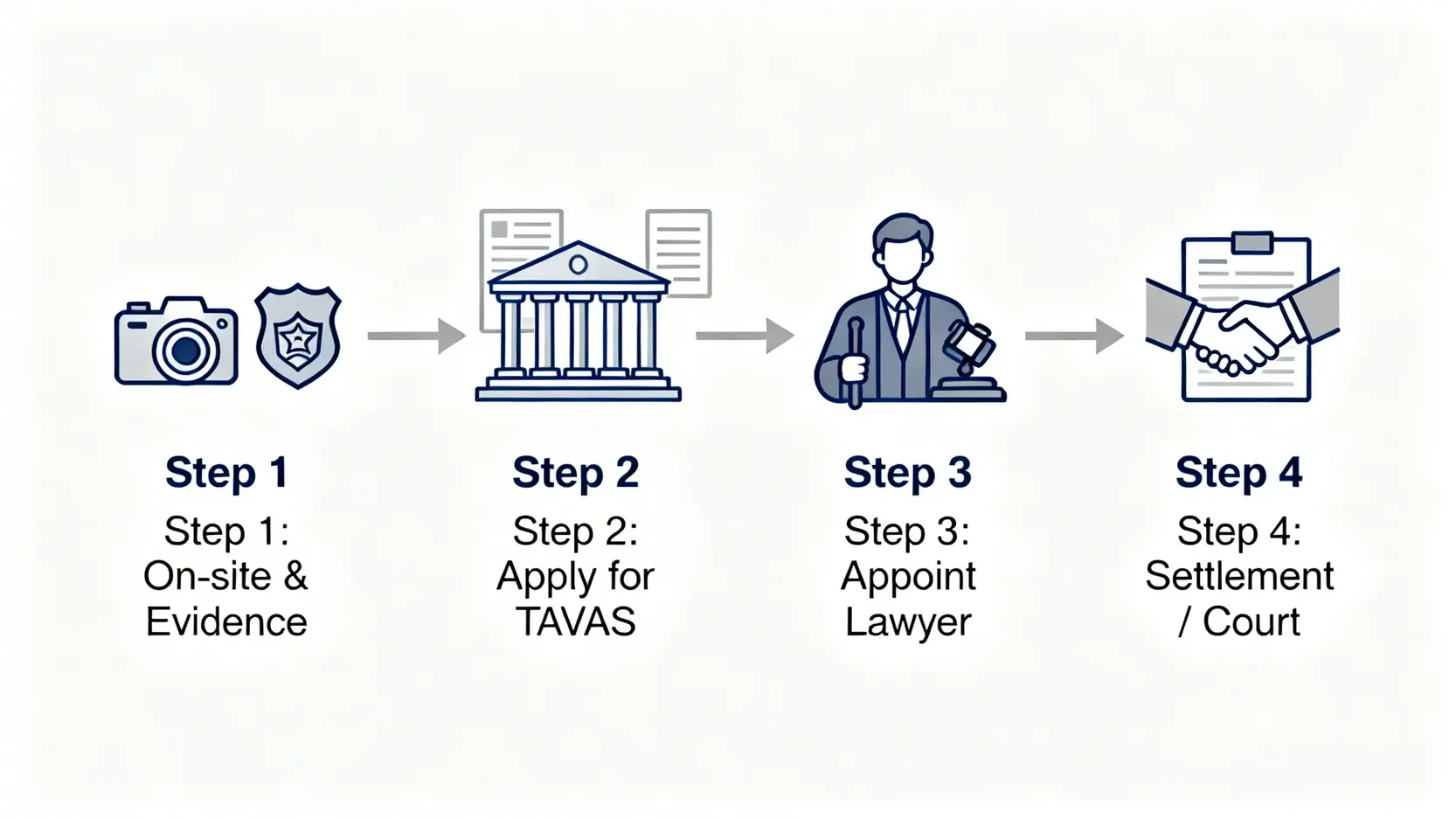 交通意外索償的四個步驟流程圖，從現場處理、申請車手獎、委託律師到最終和解或上庭。