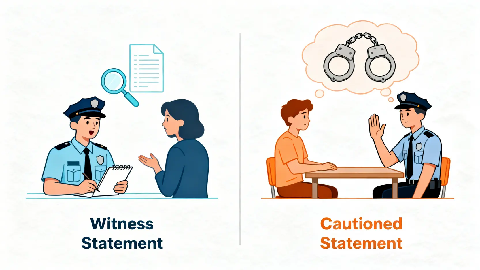 交通意外錄口供全攻略:律師教你5大關鍵保障賠償權利 3 「證人陳述書」與「警誡供詞」的對比圖,左邊顯示證人協助警方,右邊顯示嫌疑人接受警誡。