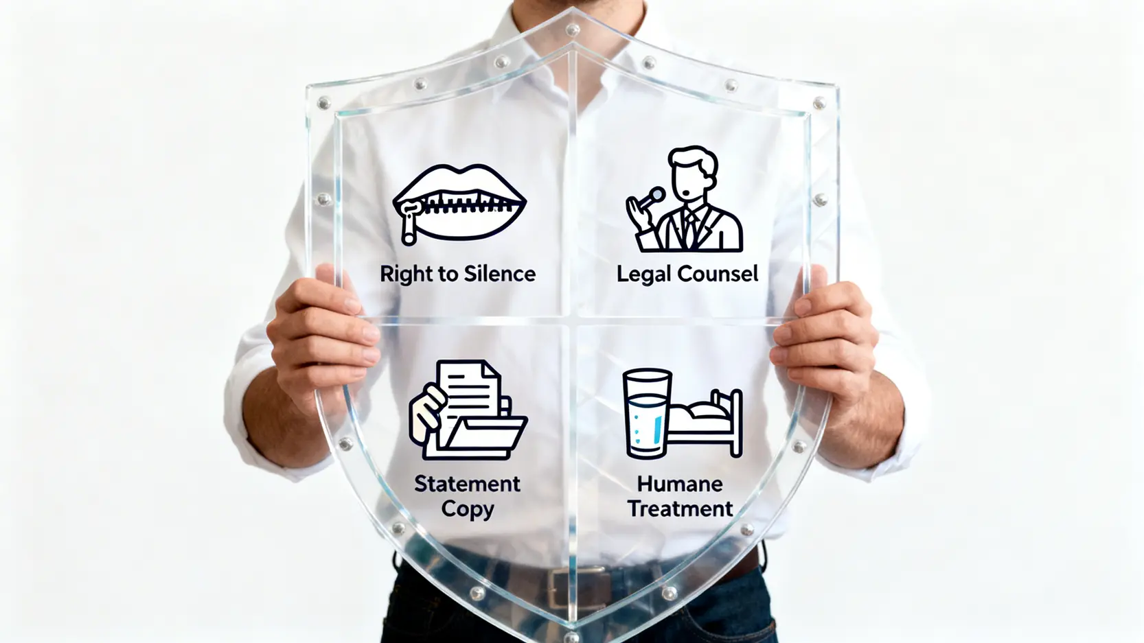 交通意外錄口供全攻略:律師教你5大關鍵保障賠償權利 5 錄口供時的四大法律權利示意圖,包括緘默權、尋求律師、獲取副本和人道對待,以保護盾牌形式呈現。