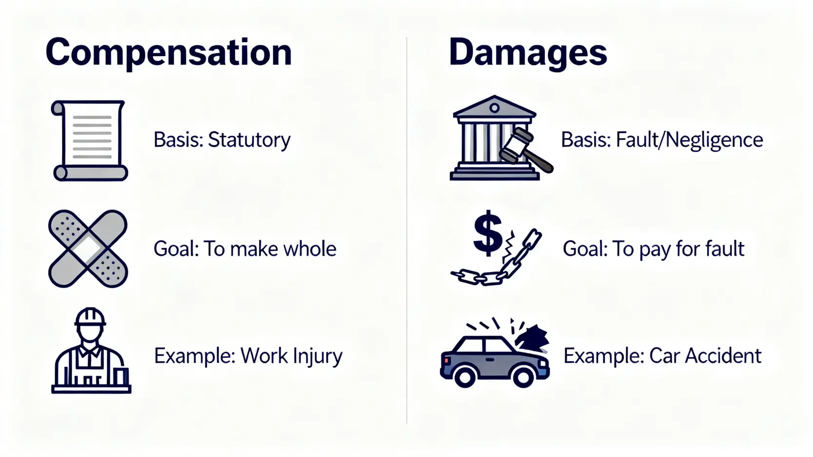 【2026賠償英文教學】Compensation vs Damages有咩分別?Indemnity、Legal Liability全解析 3 一張圖表清晰對比法律術語Compensation和Damages的區別,分別說明其法律基礎、目的和應用例子,如工傷和交通意外。