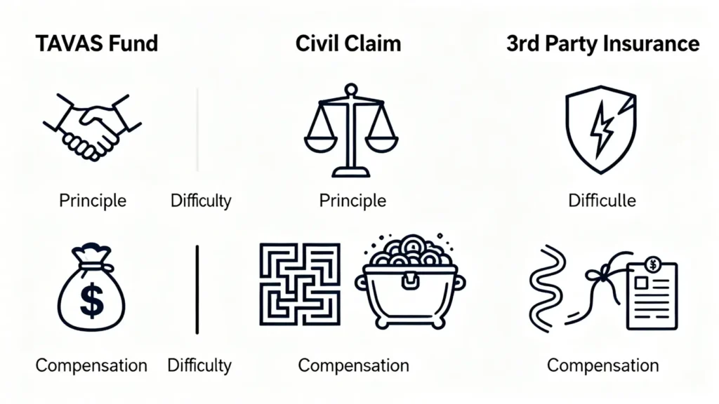 【2026 民事索償全攻略】從律師信到入稟法庭:詳解索償程序、時效限制及律師收費準則 2 圖表比較車手獎、民事索償及第三者保險在賠償原則、申請難度和賠償範圍上的區別。