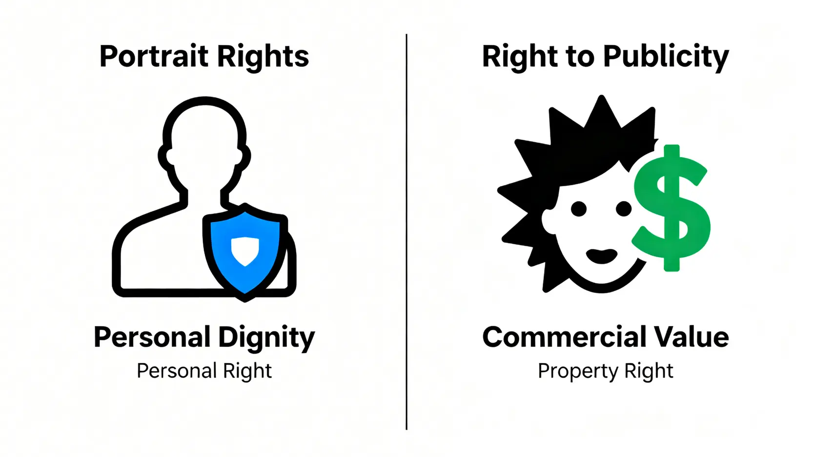 AI圖像著作權與肖像權英文:2026創作者必讀的5大法律陷阱 3 肖像權與公開權的對比圖,左邊是代表個人尊嚴的肖像權,右邊是代表商業價值的公開權。