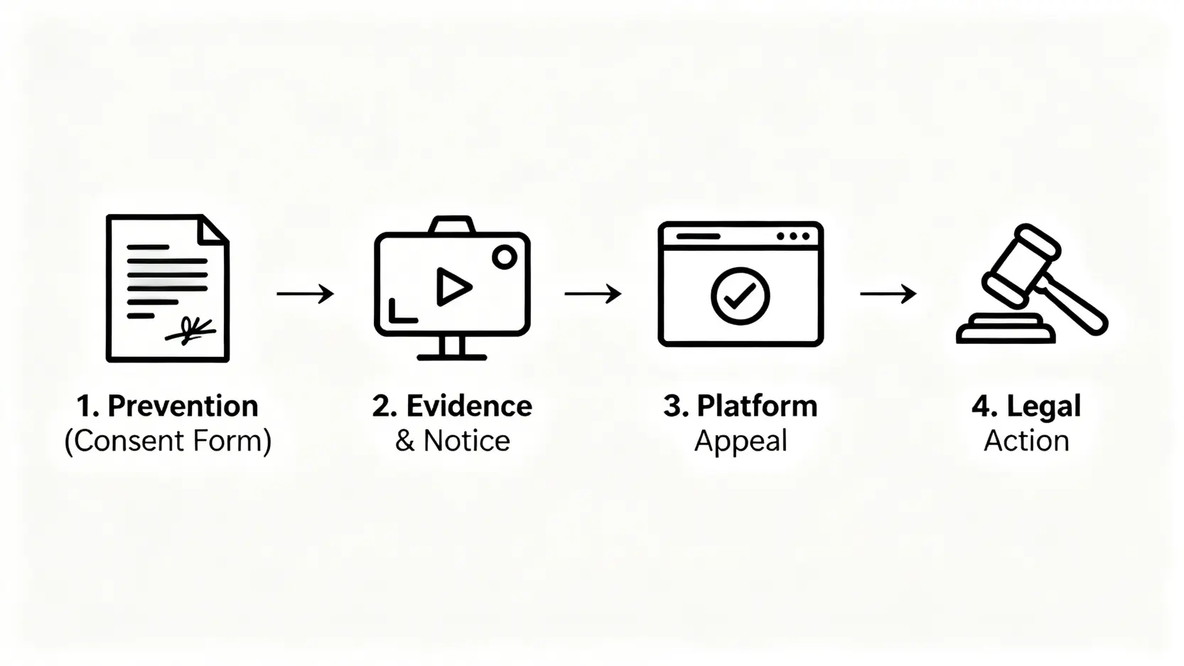 AI圖像著作權與肖像權英文:2026創作者必讀的5大法律陷阱 5 有效保護肖像權的四步驟流程圖:簽署同意書、蒐證通知、平台申訴、法律途徑。