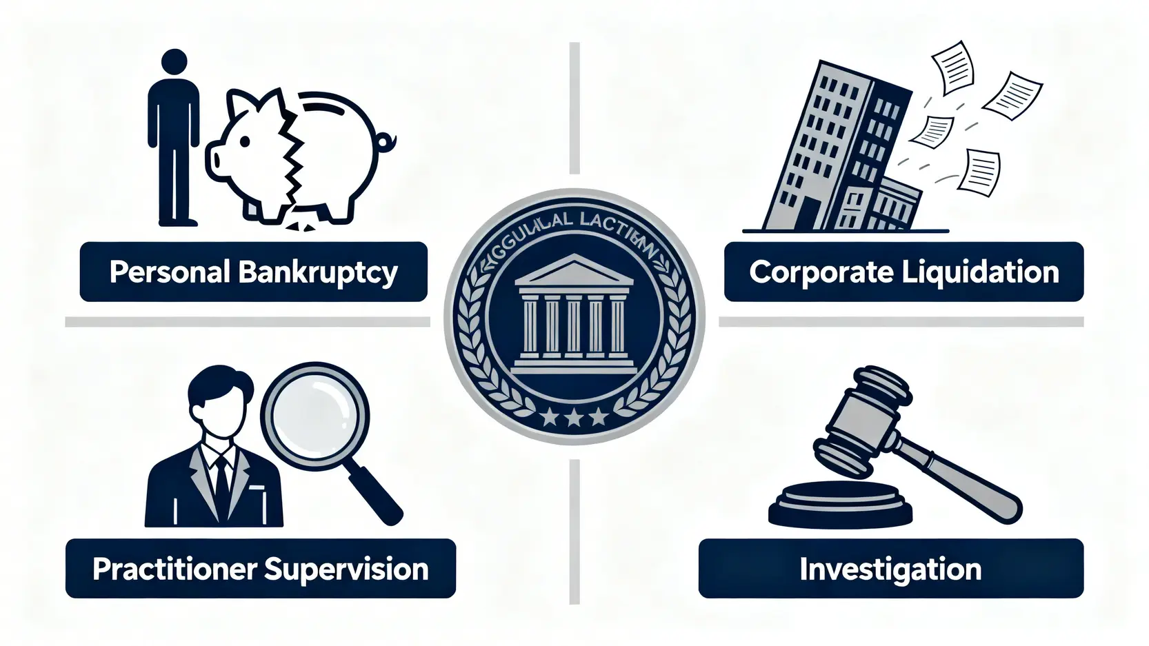 破產管理署終極指南:電話、地址、職責及服務全攻略 3 破產管理署四大核心職責的概念圖,包括個人破產、公司清盤、監管外判和調查檢控。