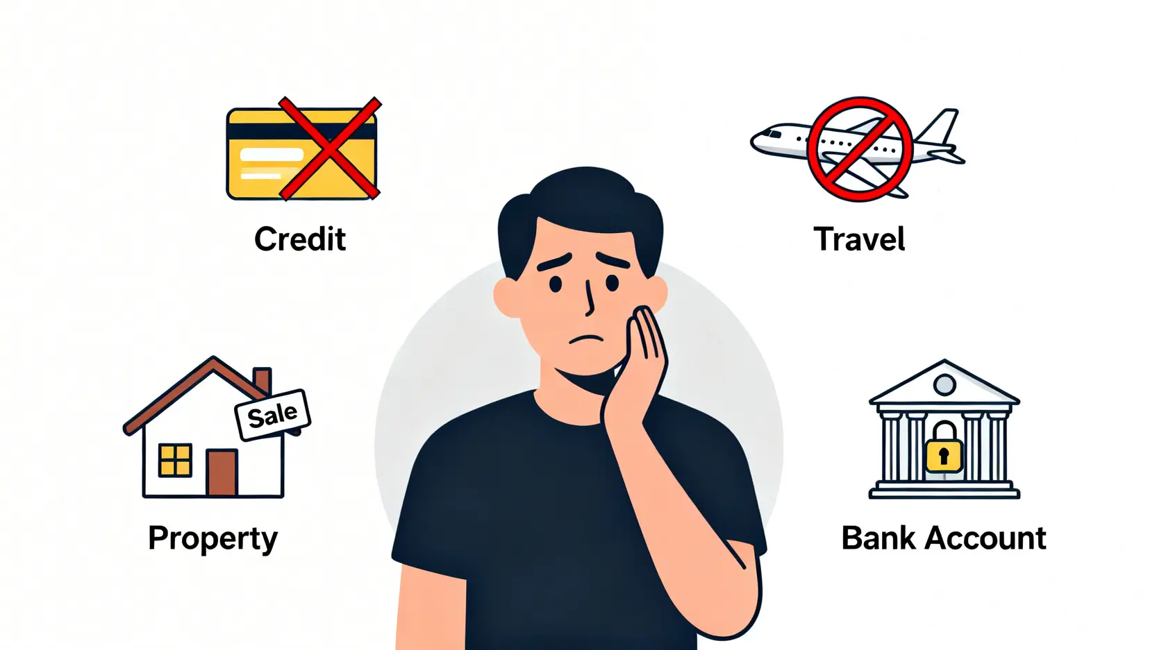 【2026 香港破產申請全攻略】一文看清程序流程、申請資格及破產受託人費用懶人包 4 破產令對個人生活的四大主要影響示意圖,包括銀行戶口、信貸紀錄、住屋及出境限制。