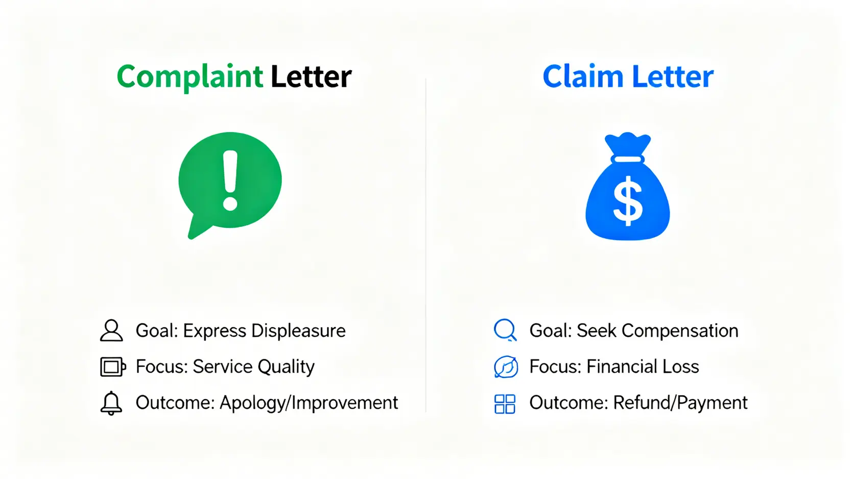 【追討賠償英文懶人包】專業索償信英文範本(Claim Letter),5大情境直接套用 5 對比圖,展示投訴信與索償信在目的、焦點和結果上的主要區別。